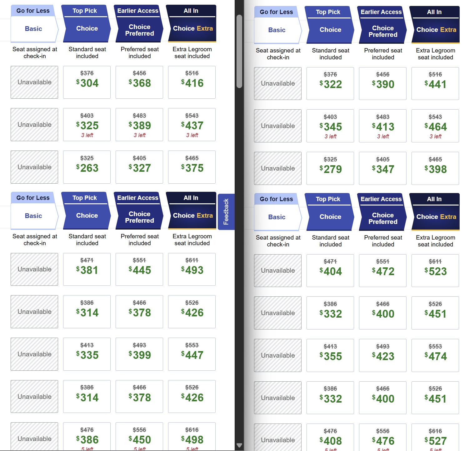 Southwest cardholder discount comparison: debit vs credit on cash fares BWI-LAX