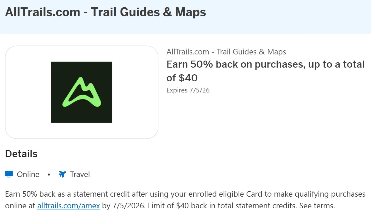 All Trails Amex Offer 50% back