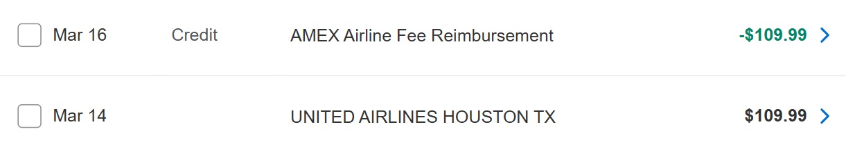 American Express Business Platinum airline fee reimbursement for United Airlines Economy Plus seat