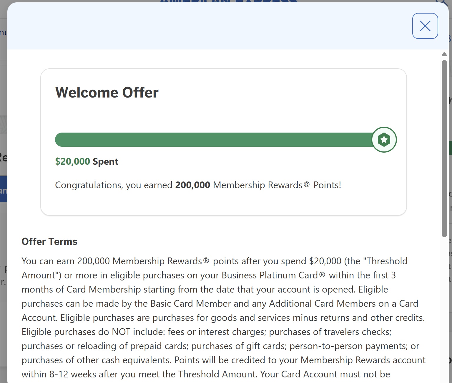 Amex welcome bonus tracker showing $20,000 spent and 200,000 welcome bonus points earned.