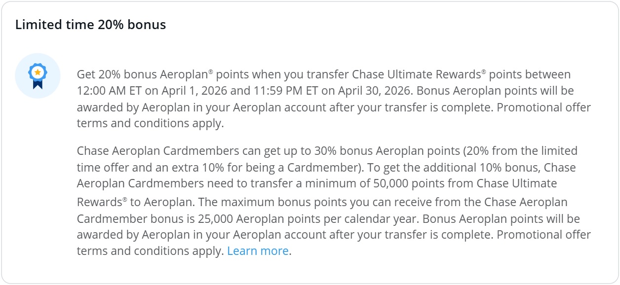 Chase Ultimate Rewards Aeroplan 20%-30% transfer bonus