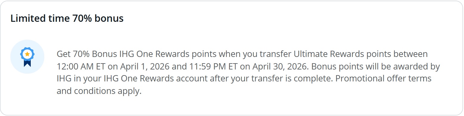 Chase Ultimate Rewards IHG One Rewards 70% transfer bonus