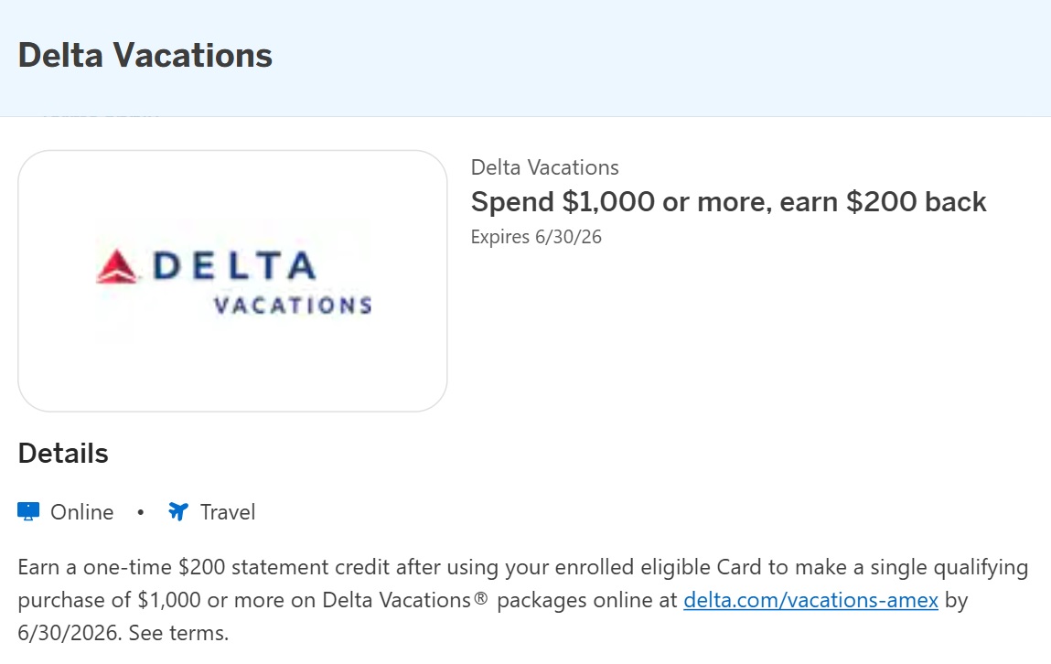 Delta Vacations Amex Offer spend $1,000 get $200