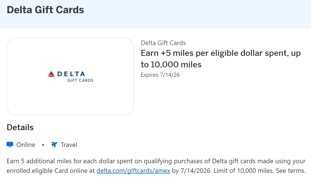 Delta gift cards Amex Offer +5 SkyMiles