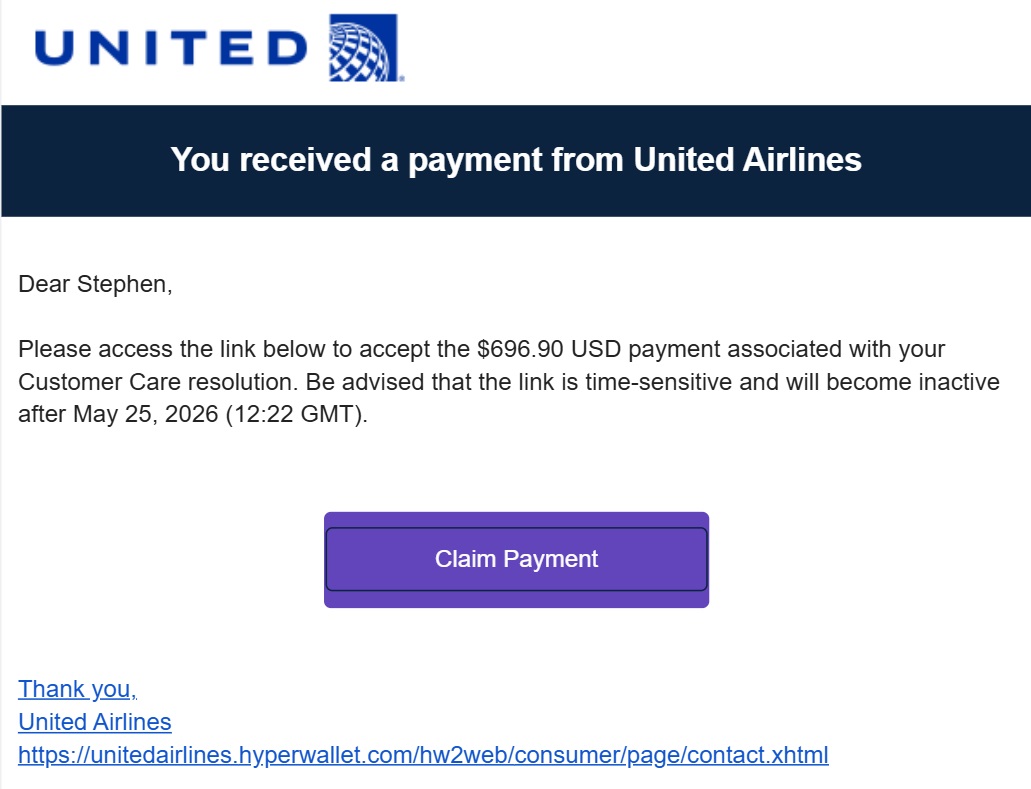 Email from Hyperwallet with compensation for United UK261 claim