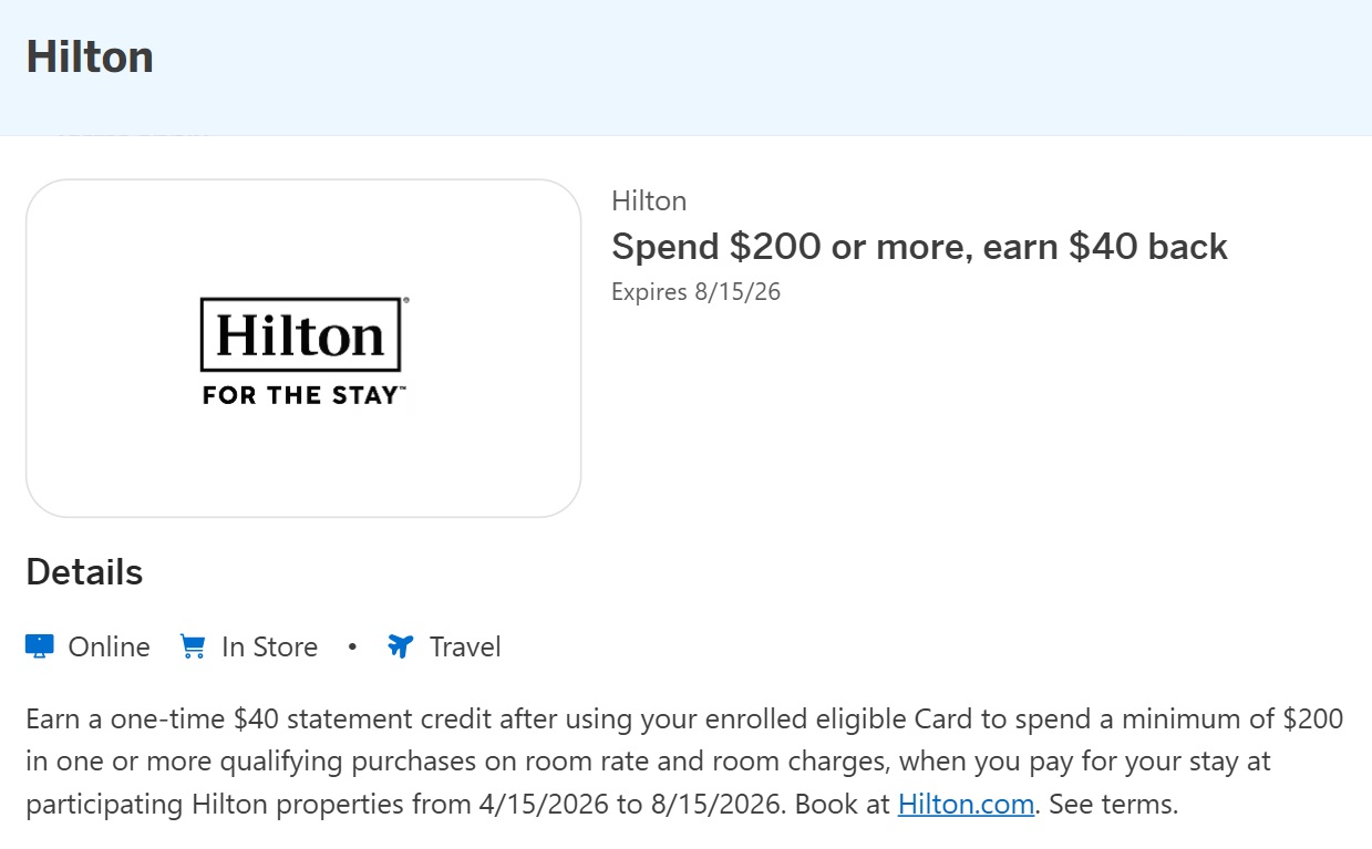Hilton Amex Offer spend $200 get $40