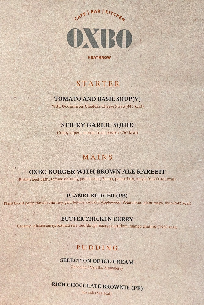 Hilton London Heathrow Airport Terminal 4 - Oxbo menu for guests whose meals are covered by an airline