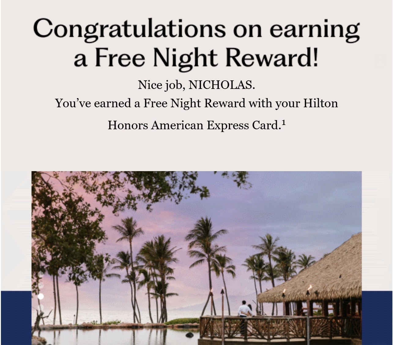Amex welcome bonus Hilton Free Night Award has arrived