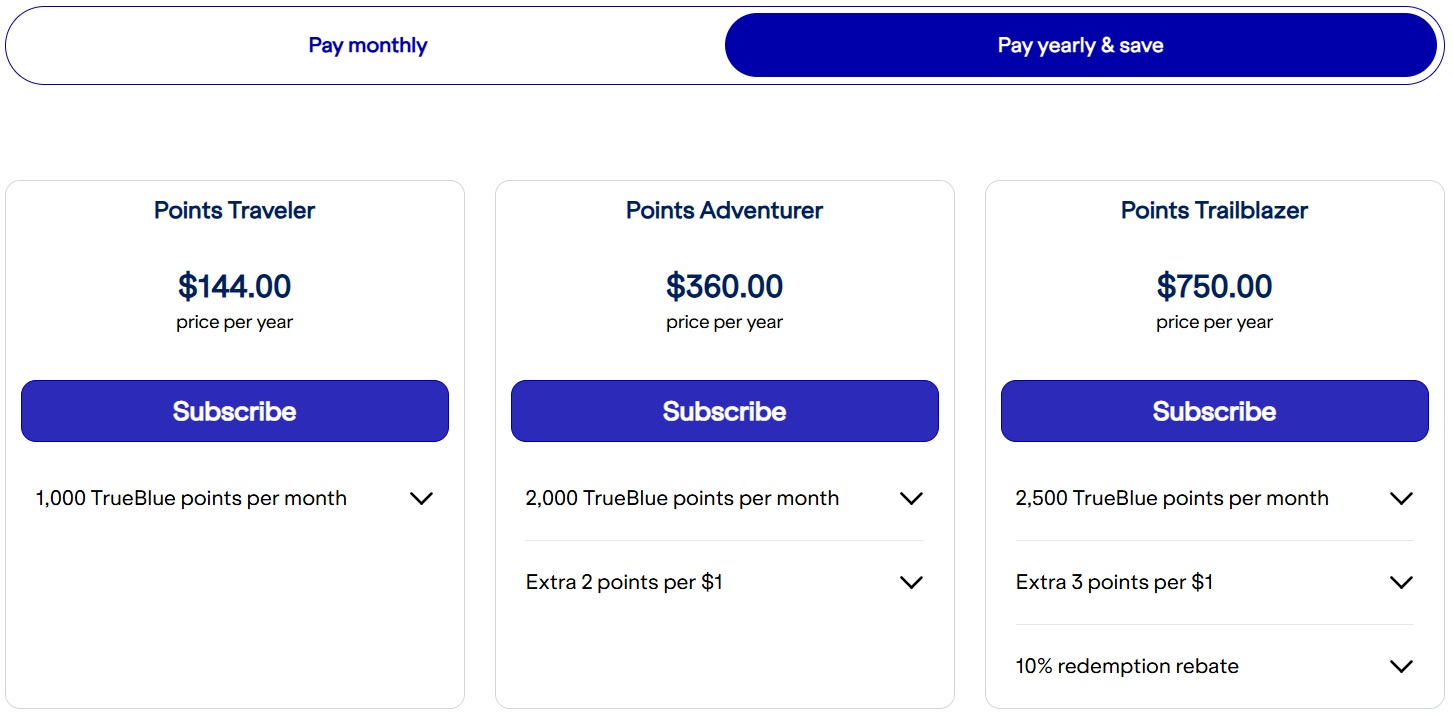 JetBlue TrueBlue Subscriptions cost - Annual pricing
