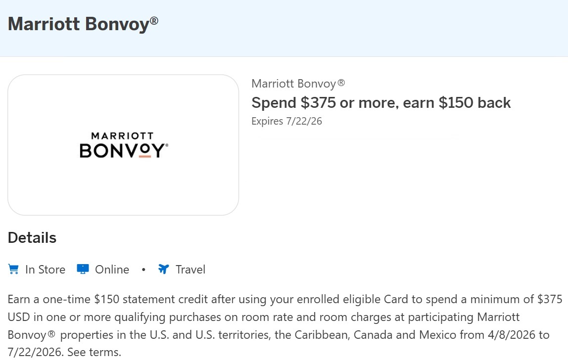 Marriott Bonvoy Amex Offer spend $375 get $150 back