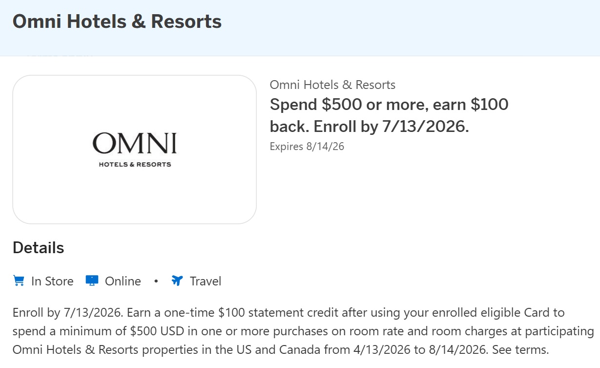 Omni Hotels & Resorts Amex Offer spend $500 get $100