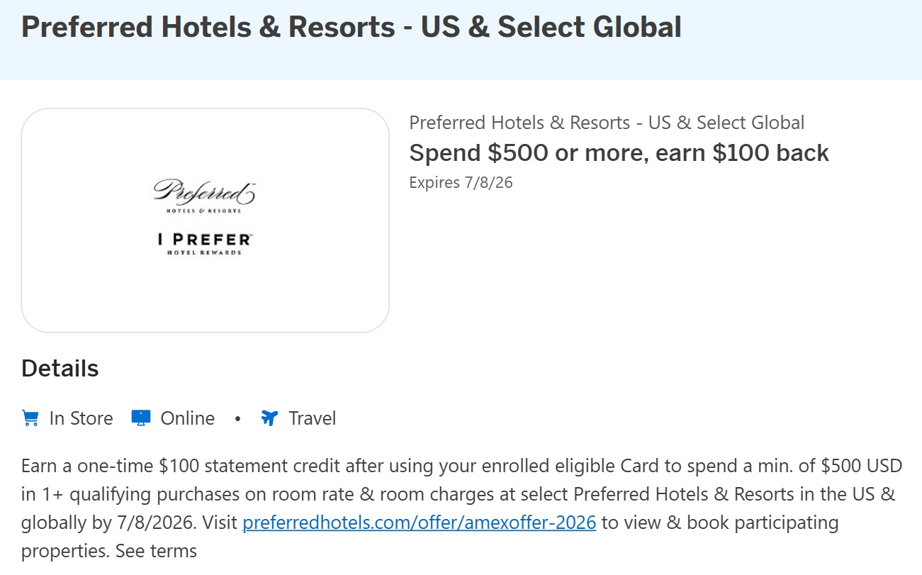 Preferred Hotels & Resorts Amex Offer spend $500 get $100