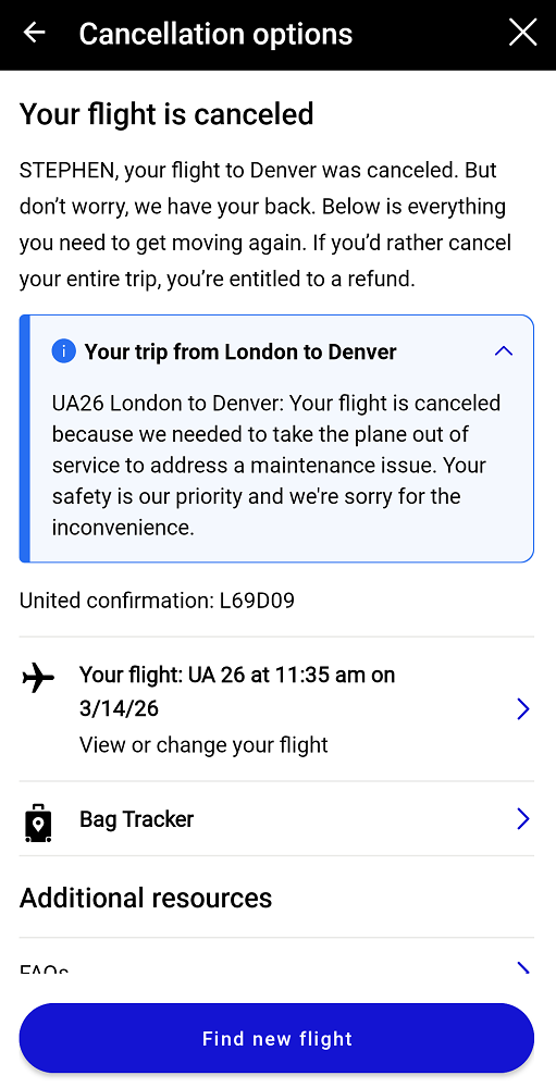 Screenshot from United app confirming that the flight was cancelled