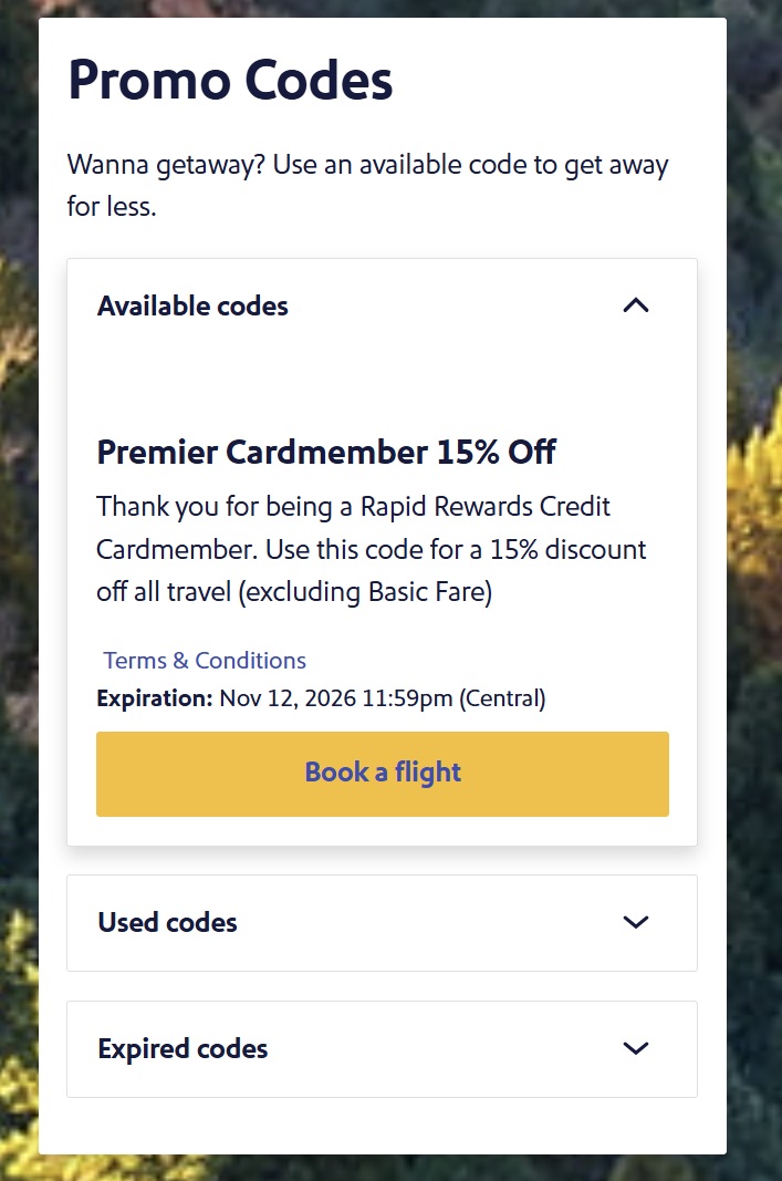 Southwest cardholder discount found under promo codes