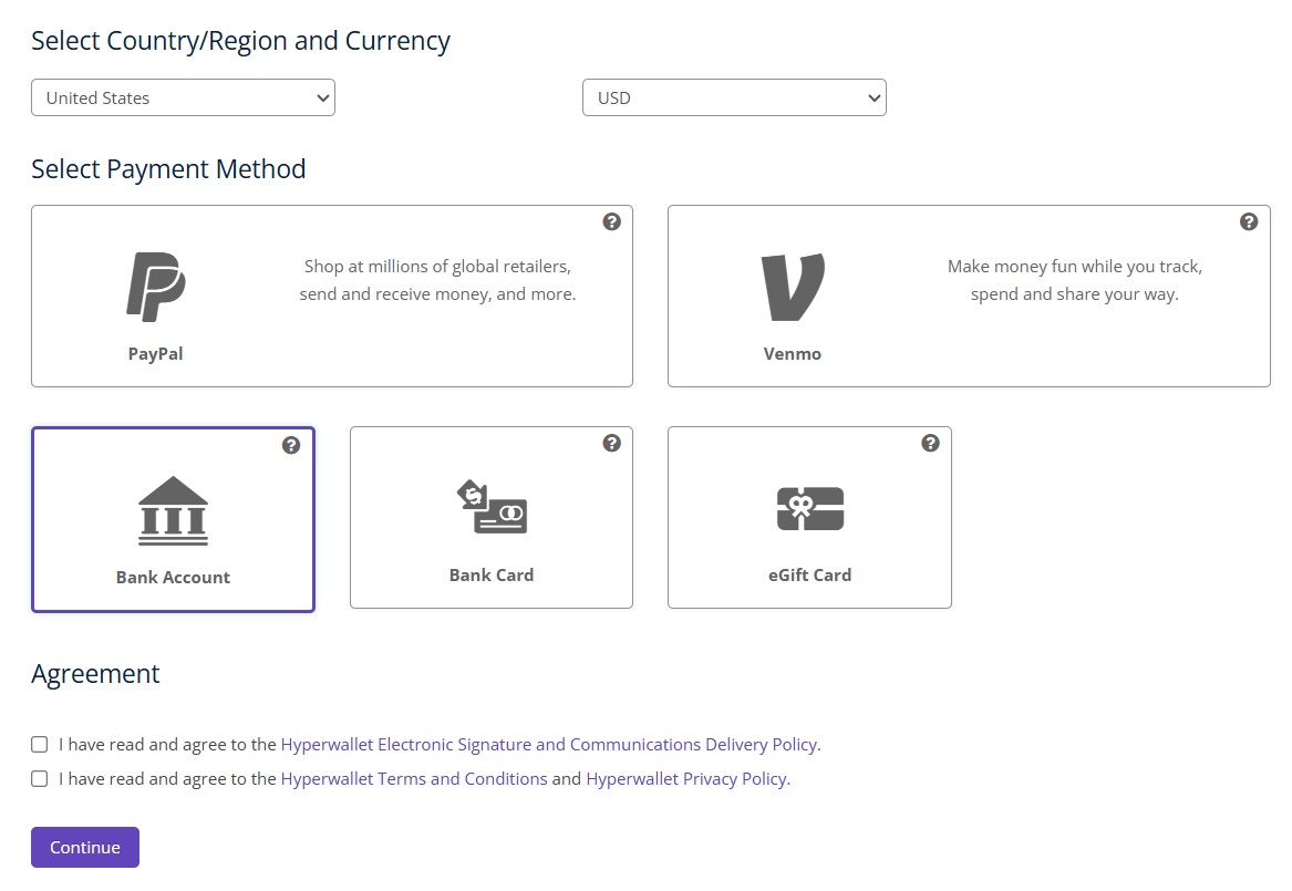 United Hyperwallet claim form - USD redemption options