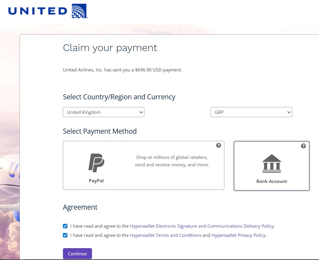 United Hyperwallet claim form - USD vs GBP