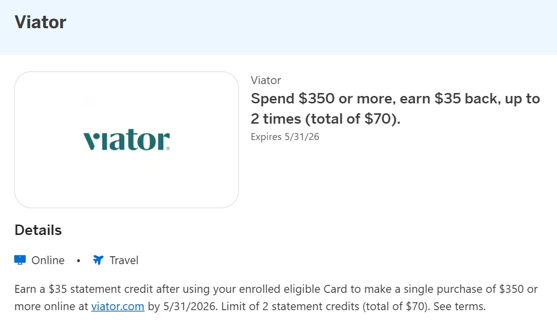Viator Amex Offer spend $350 get $35