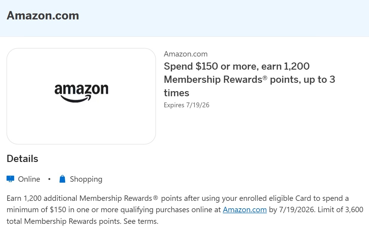 Amazon Amex Offer spend $150 get 1,200 bonus points