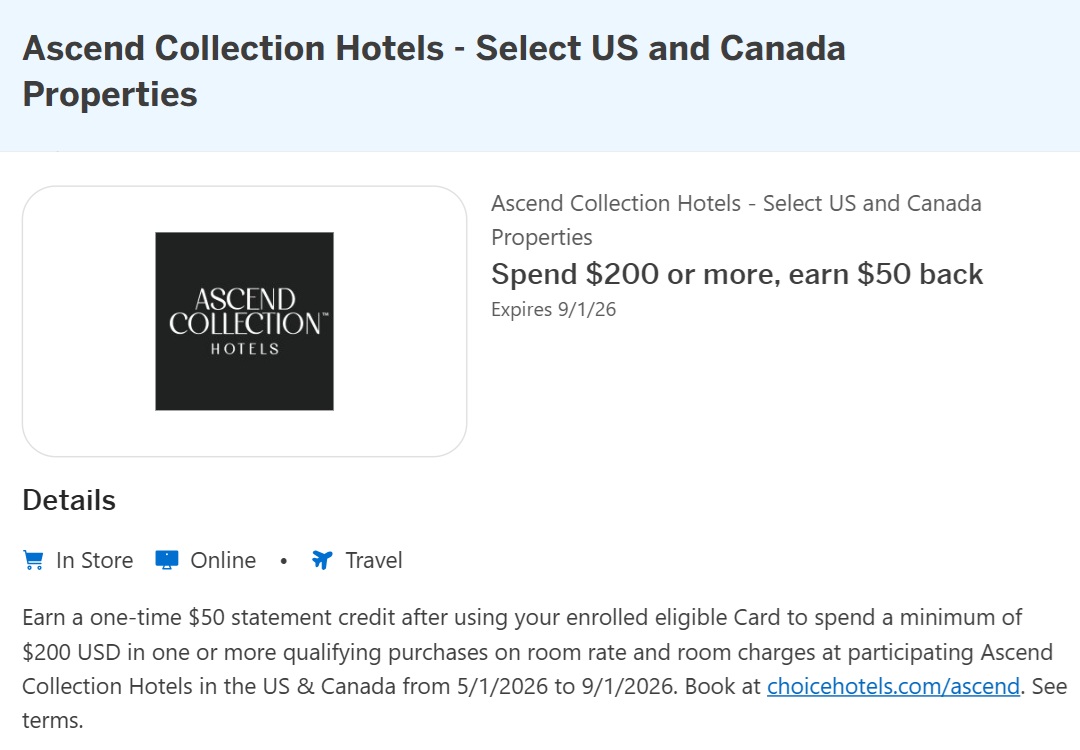 Ascend Collection Amex Offer spend $200 get $50