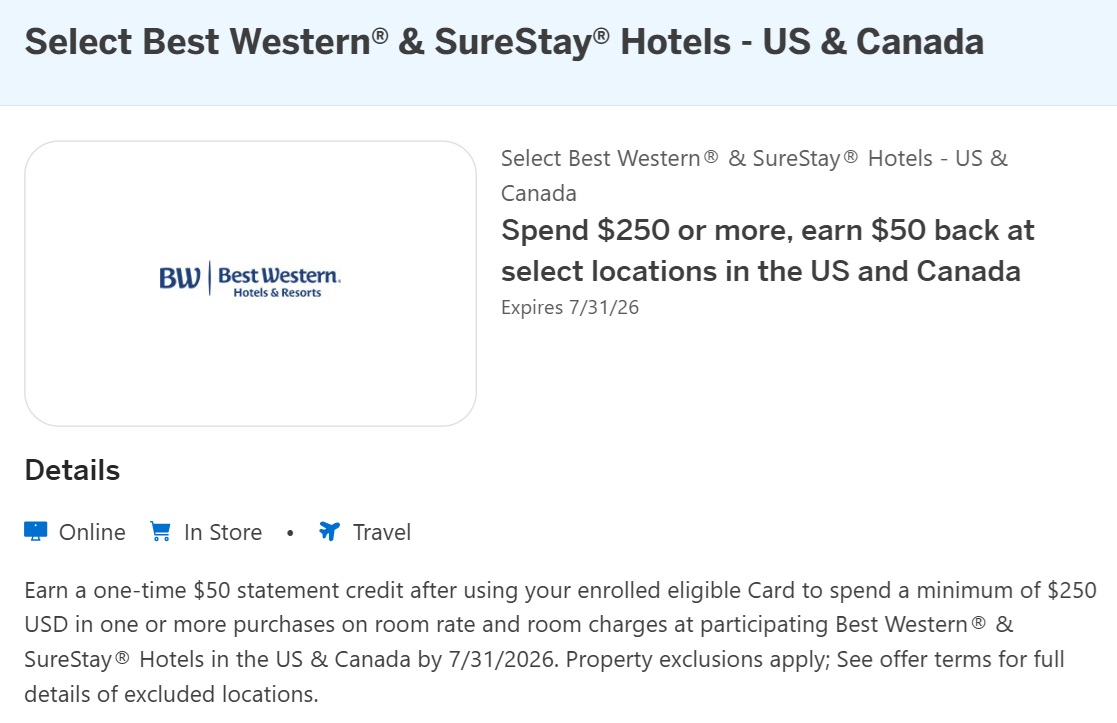 Best Western Amex Offer spend $250 get $50