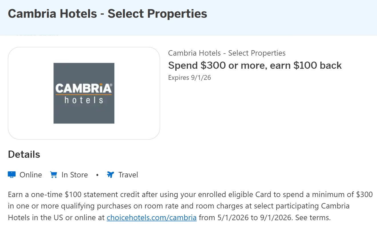 Cambria Hotels Amex Offer spend $300 get $100