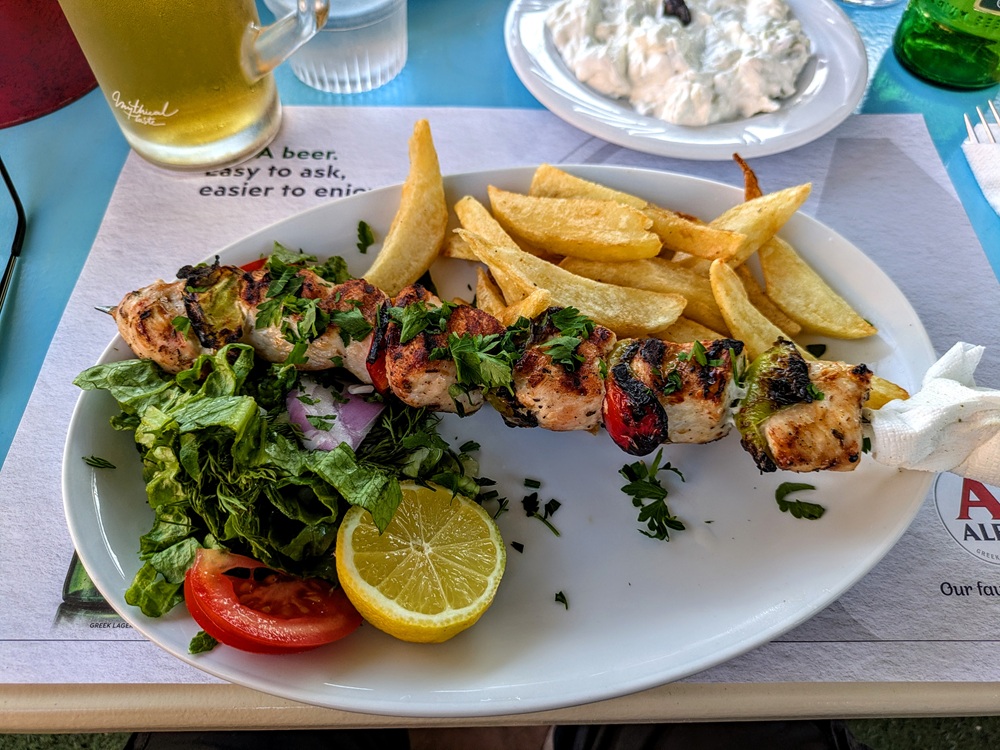 Chicken souvlaki & fries at Zygos Grill & Pizza