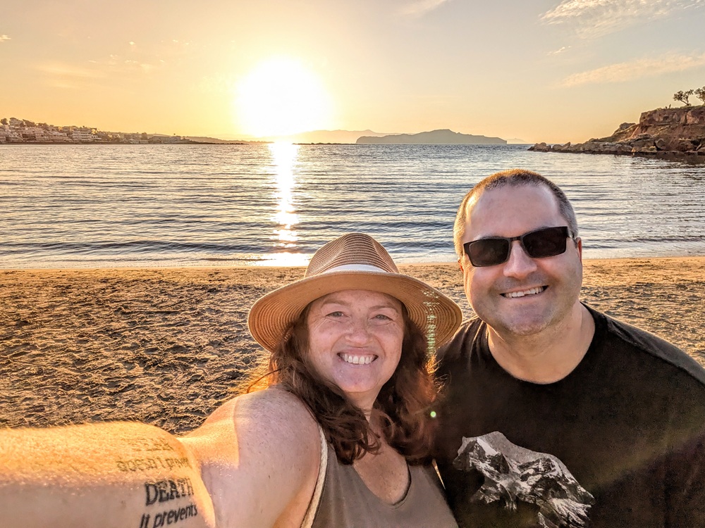 Domes Noruz Chania, Crete - Shae and me enjoying a sunset walk along the beach