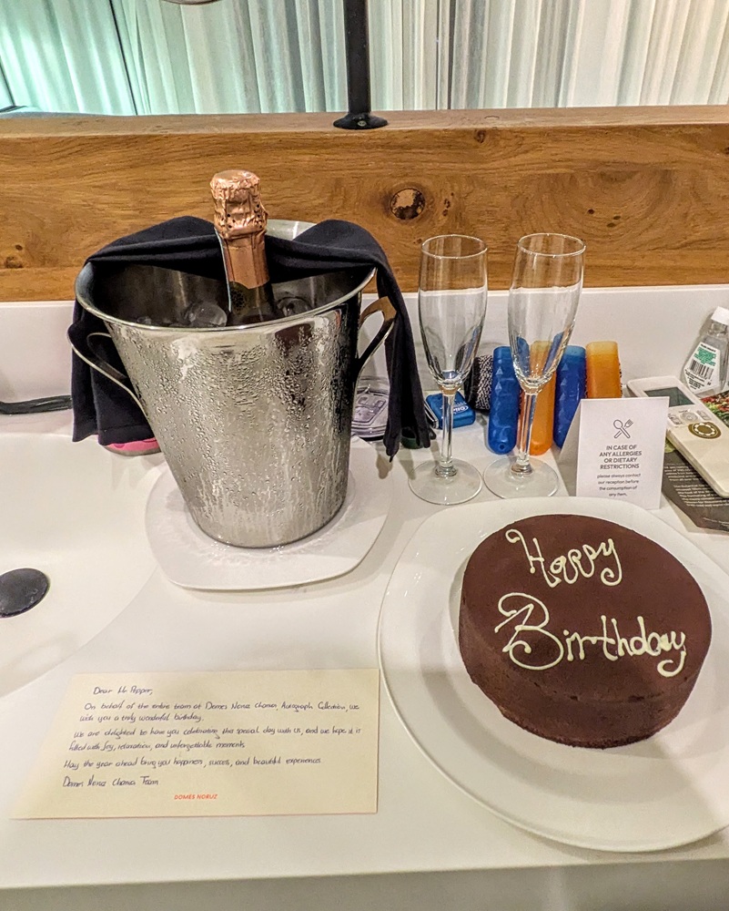 Domes Noruz Chania, Crete - Sparkling wine and chocolate mousse birthday cake
