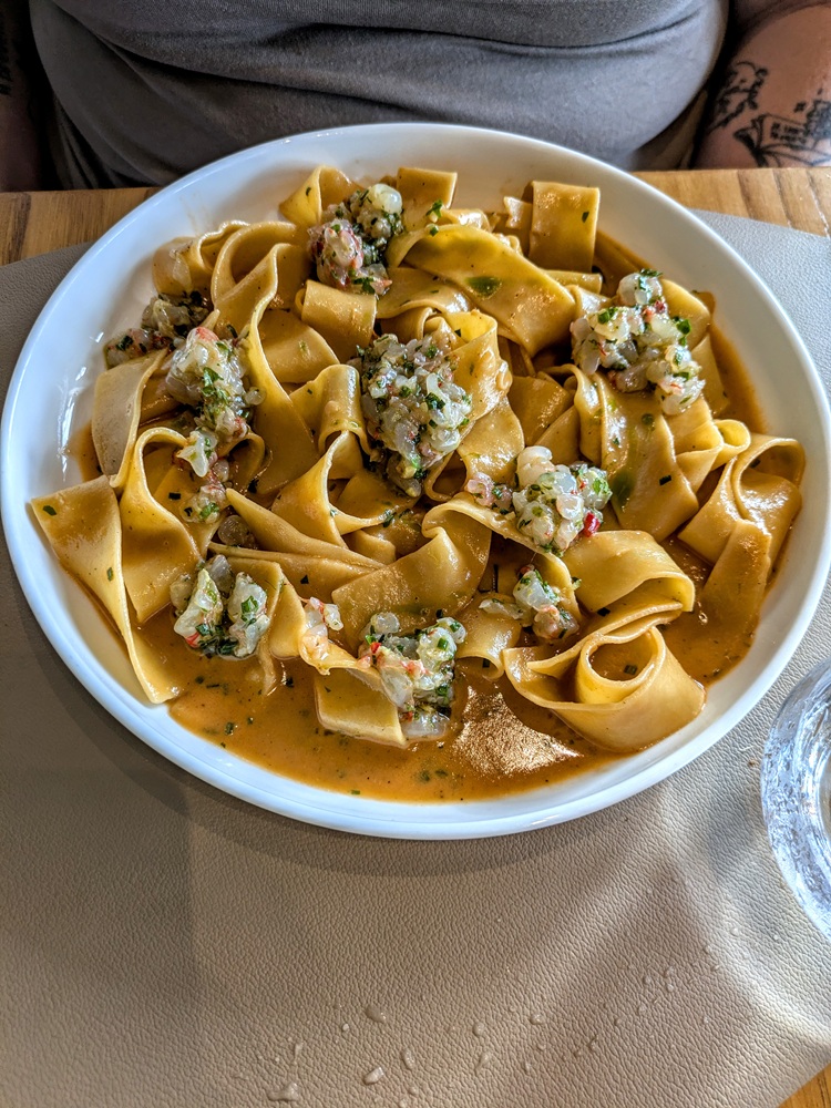 Domes Noruz Chania, Crete - Topos Restaurant - Red prawns pasta; this has a bisque sauce and marinated red prawns tartar - it was delicious
