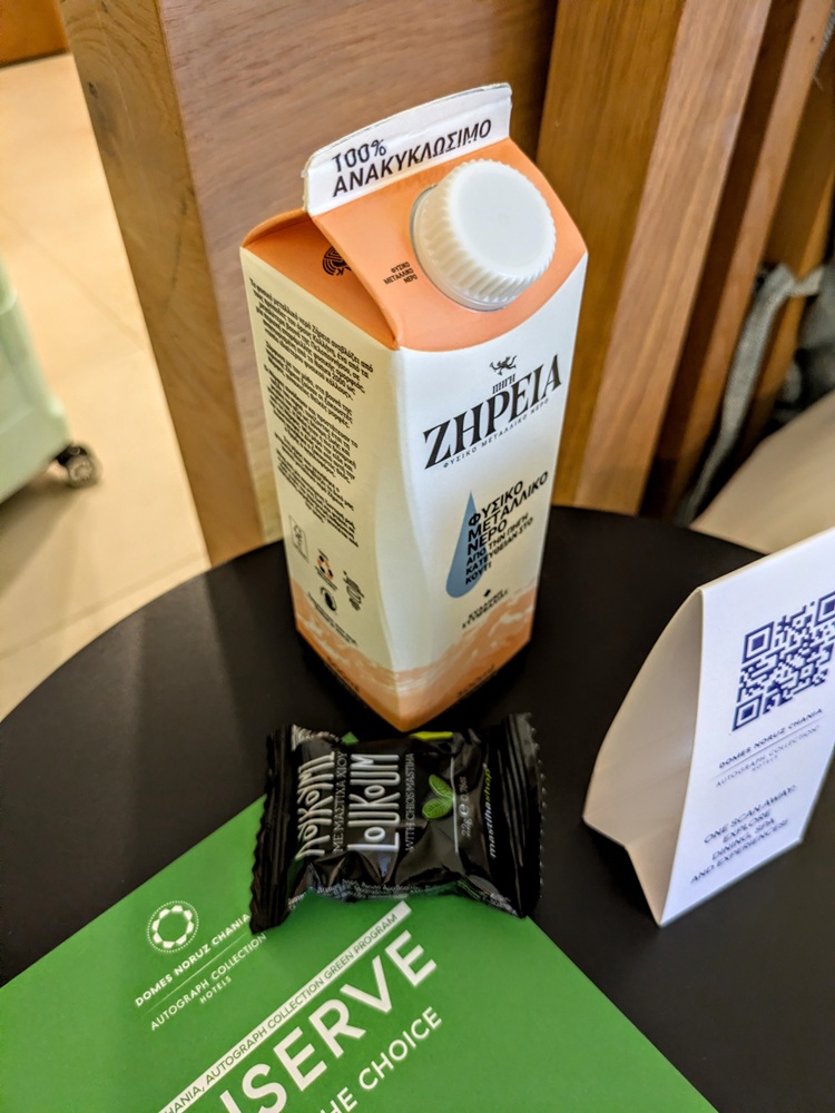 Domes Noruz Chania, Crete - Water carton & a snack as part of the turndown service