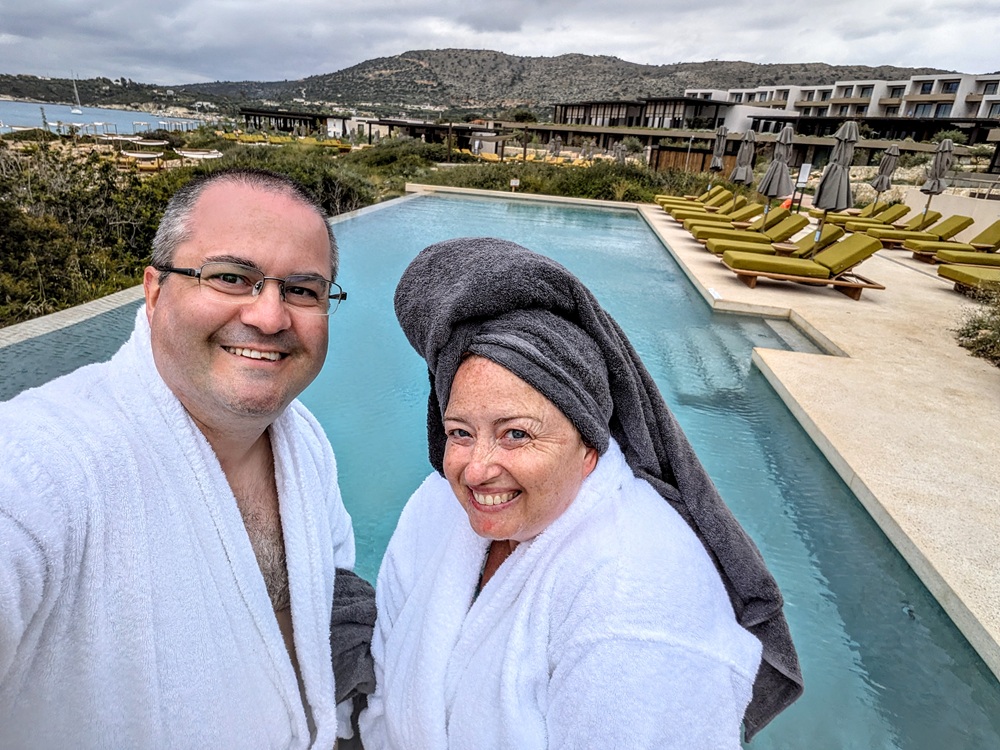 JW Marriott Crete Resort & Spa - Me and Shae enjoying the heated pool on a chilly day