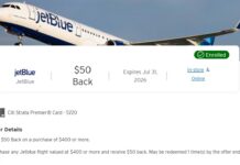 JetBlue Citi Offer spend $400 get $50