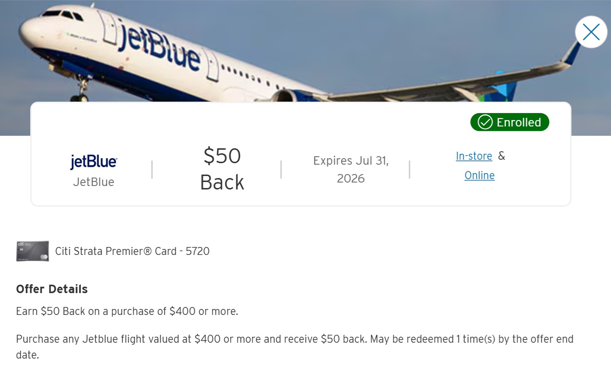 JetBlue Citi Offer spend $400 get $50