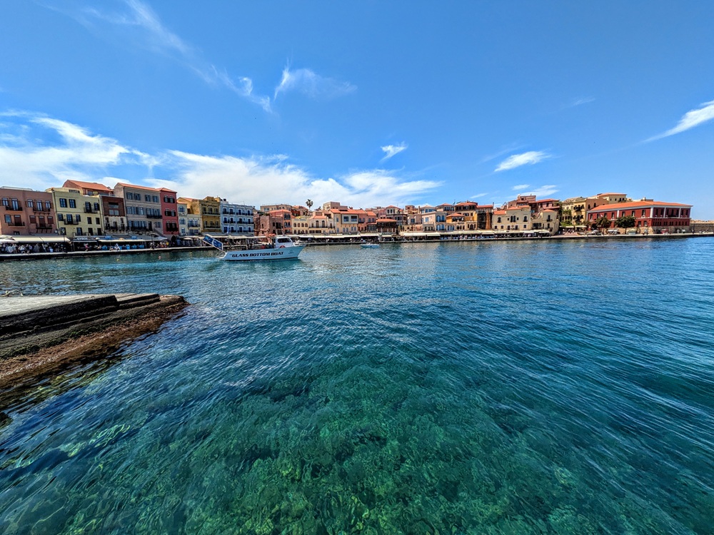 Looking back at the Old Venetian Port of Chania while walking out to the lighthouse