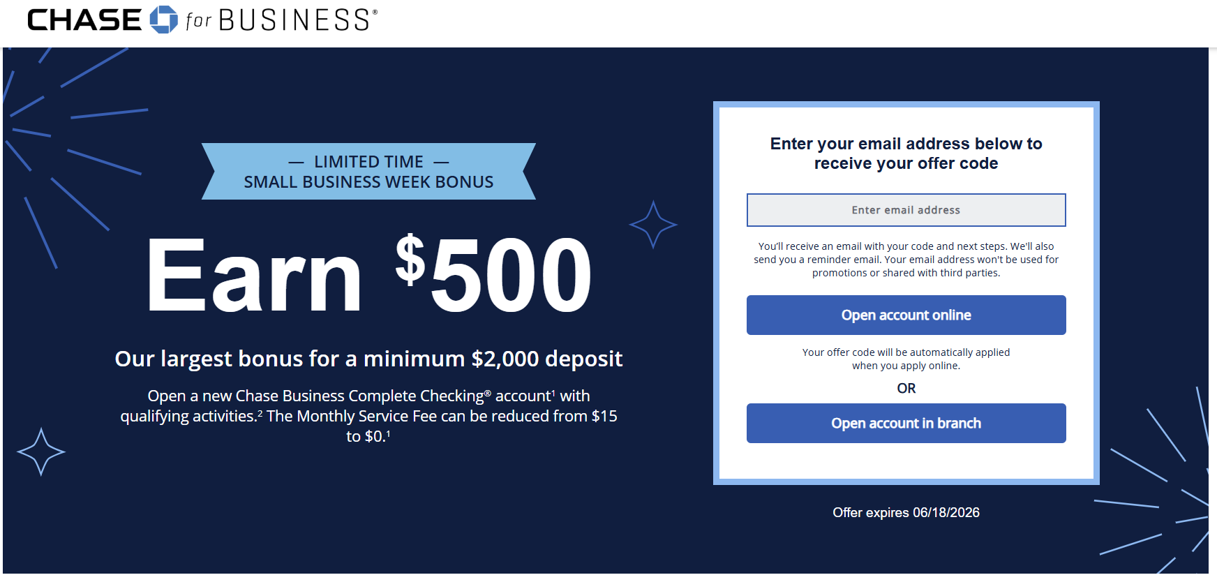 Chase Business Checking: $500 bonus after $2000 deposit