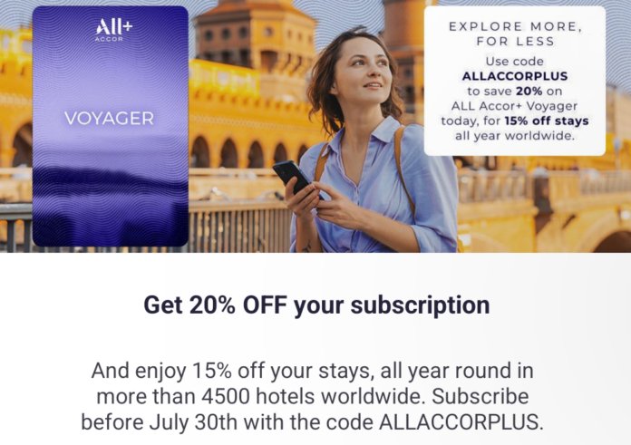 Save 20% on ALL Accor+ Voyager subscription with promo code ALLACCORPLUS