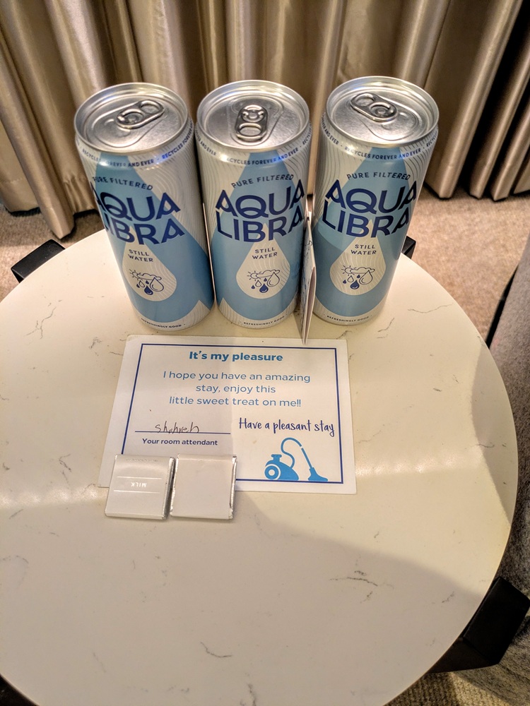 Hilton Woking, England - Cans of water & chocolates