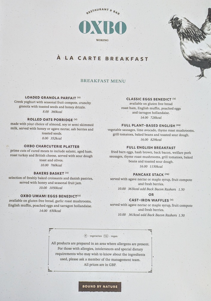 Hilton Woking, England - a la carte breakfast menu