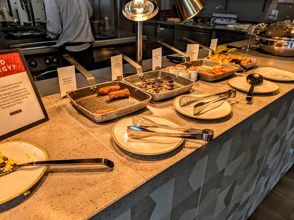 Hilton Woking, England breakfast - Vegetarian sausage, mushrooms, hard boiled eggs, grilled tomatoes, & breakfast potatoes