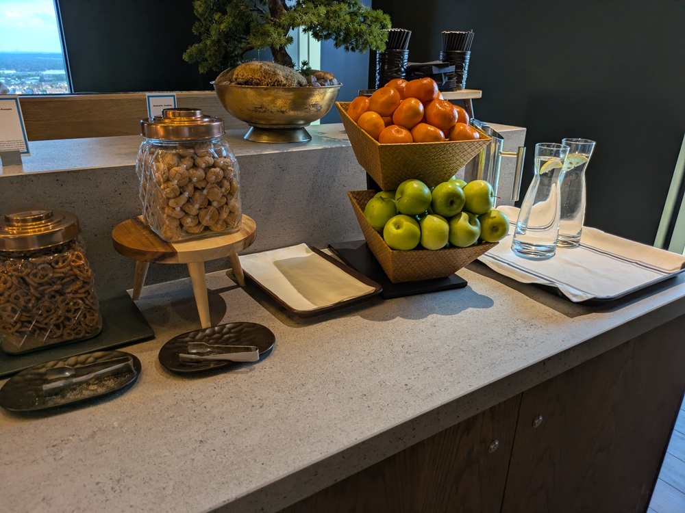 Hilton Woking executive lounge - Pretzels, amaretto cookies, & fruit