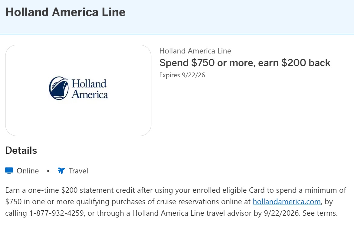 Holland America Line Amex Offer spend $750 get $200 back