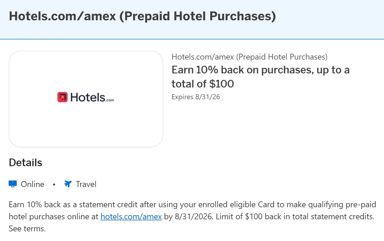 Hotelsdotcom Amex Offer prepaid hotels details