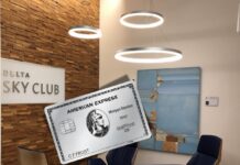 Image shows a Delta Sky Club with a Morgan Stanley Platinum card hovering in front