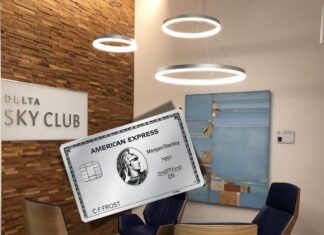 Image shows a Delta Sky Club with a Morgan Stanley Platinum card hovering in front