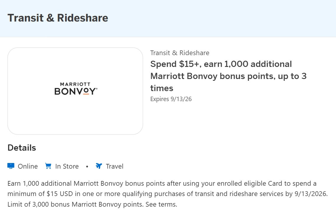 Rideshare & transit Amex Offer - spend $15 get 1,000 bonus Marriott Bonvoy points
