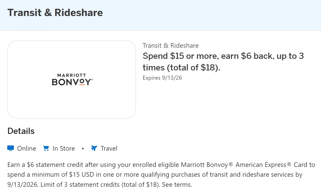 Rideshare & transit Amex Offer - spend $15 get $6 back