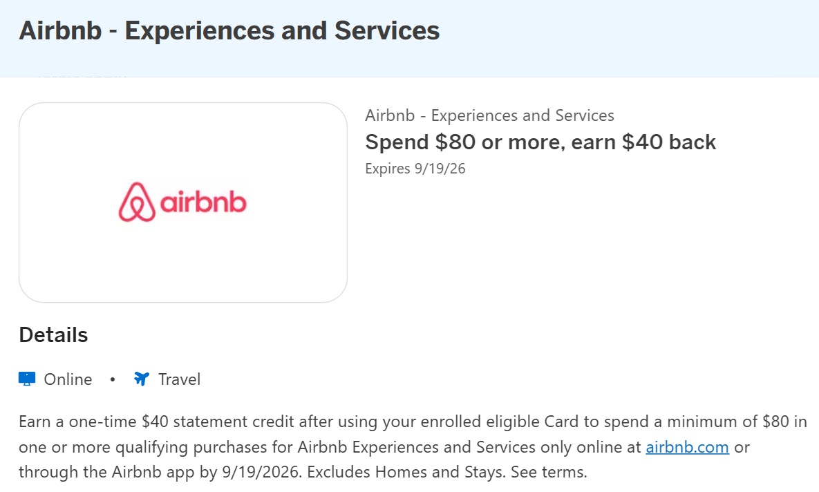 Airbnb Experiences & Services Amex Offer spend $80 get $40