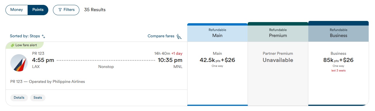 Alaska Airlines Atmos Rewards Philippines Airlines LAX-MNL business class - nonstop award availability