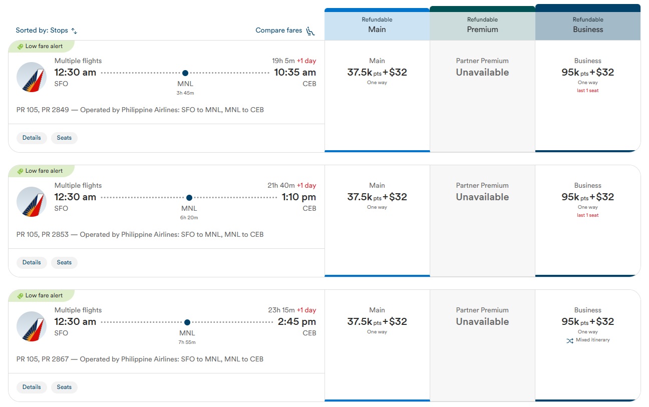 Alaska Airlines Atmos Rewards Philippines Airlines SFO-CEB business class - availability
