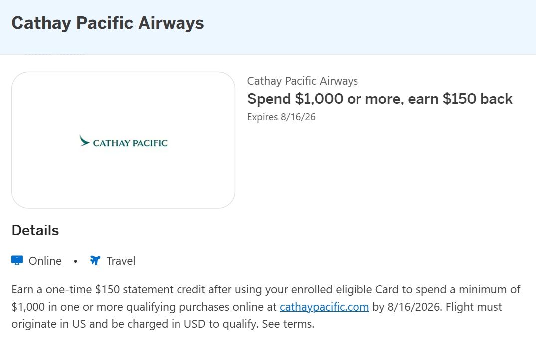 Cathay Pacific Amex Offer spend $1,000 get $150